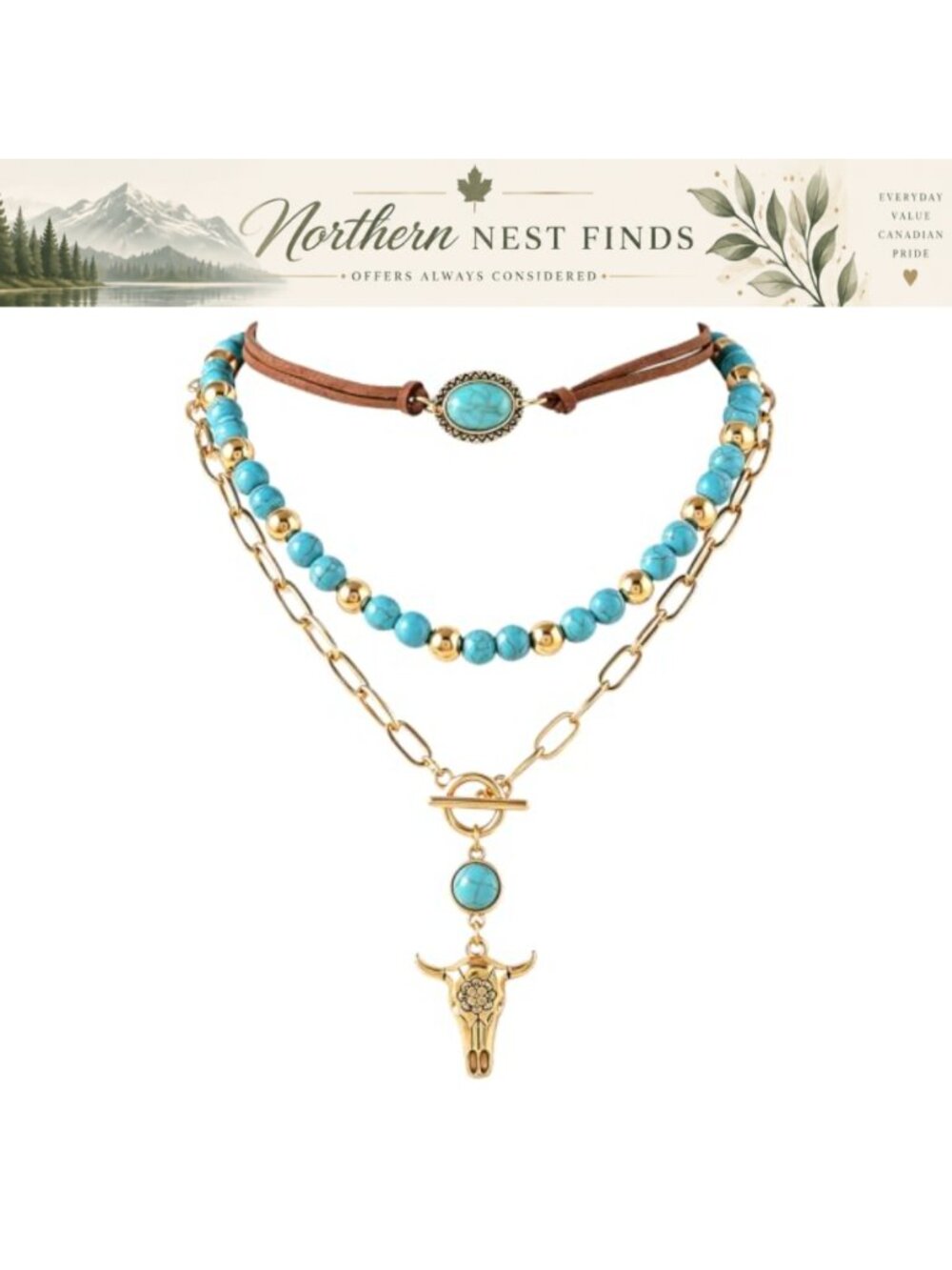 Western Turquoise Beaded Layered Choker Necklace Ox-Head Pendant Women